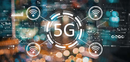 5G network with blurred city lightsの写真素材