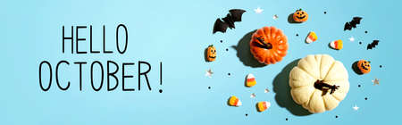 Hello October message with Halloween decorationsの写真素材
