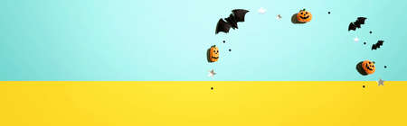 Miniature Halloween pumpkin ghosts with decorationsの写真素材