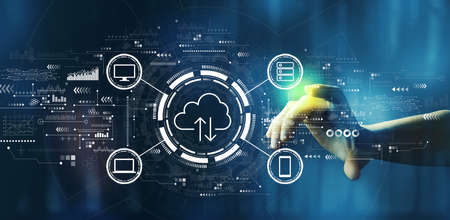 Cloud computing with hand pressing a technology screen