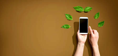 Person holding smartphone with green leaves