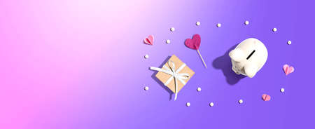 Piggy bank with a gift box and hearts