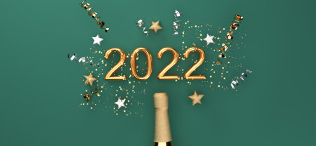 New Year 2022 celebration theme with a champagne bottle with confetti - 3D
