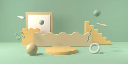 3D render of geometric shapes and a podium