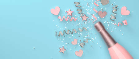 Champagne bottle with hearts and serpentines - 3D renderの写真素材