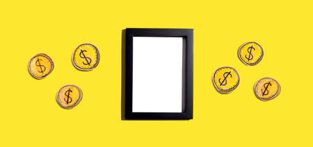 Blank photo frame with coins - earn online themeの写真素材