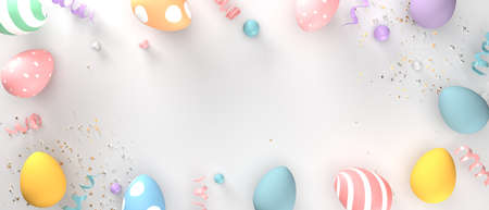Colorful hand decorated Easter eggs with pastel colorsの写真素材
