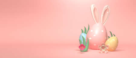 Colorful hand decorated Easter eggs with rabbit ears