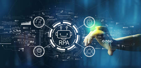 Robotic Process Automation theme with hand pressing a technology screenの写真素材