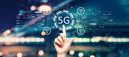 5G network with hand pressing a buttonの写真素材