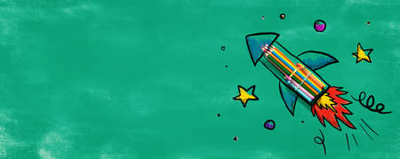 Back to school theme with hand drawn rocket and pencils