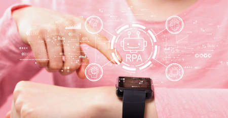 Robotic Process Automation theme with woman pressing smart watchの写真素材