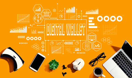 Digital Wallet theme with electronic gadgets and office supplies