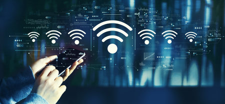 Wifi theme with person using smartphoneの写真素材