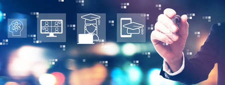 Distance learning theme with businessmanの写真素材