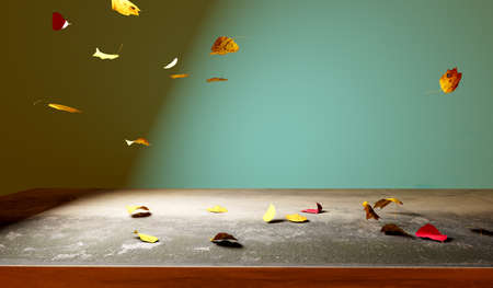 Autumn leaves with a concrete table - 3Dの写真素材