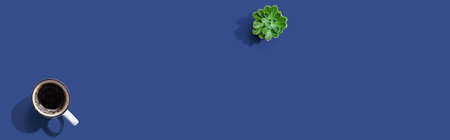 A cup of coffee and a small plantの写真素材