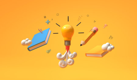 Light bulb flying to the sky like a rocket - Educational theme - 3Dの写真素材