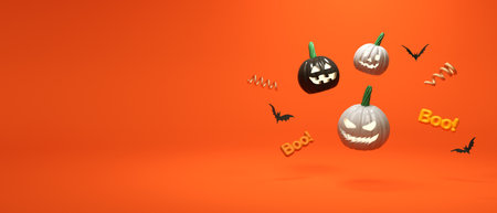 Halloween theme with pumpkin ghosts and bats - 3Dの写真素材