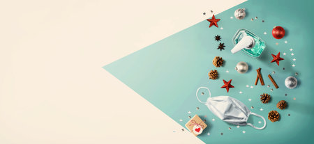 Christmas ornaments with a mask and a sanitizer bottleの写真素材