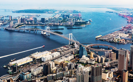 Aerial view of the Rainbow Bridge in Odaiba, Tokyoの写真素材