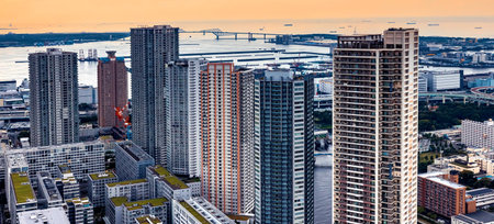 Aerial view of Odaiba Harbor in Tokyo, Japan