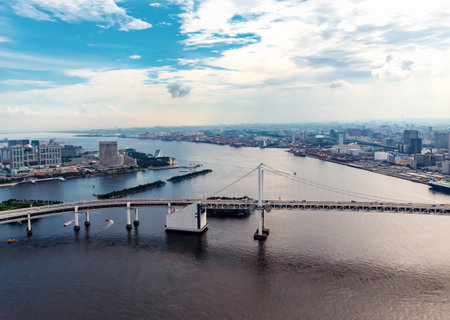 Aerial view of the Rainbow Bridge in Odaiba, Tokyo