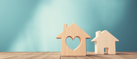 Miniature wooden block house with a heart - 3Dの写真素材