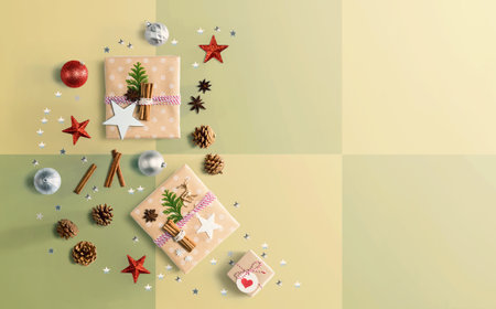 Handmade Christmas gift boxes with ornamentsの写真素材