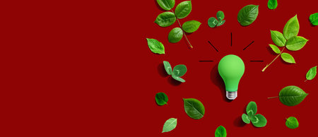 Green light bulb with green leavesの写真素材