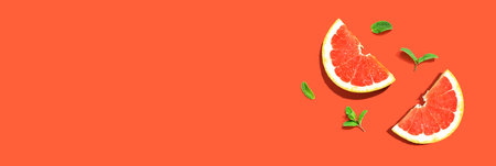 Fresh grapefruits and mints overhead view