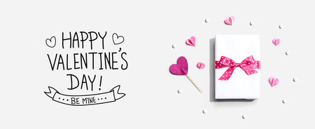 Valentines Day message with a gift box and heartsの写真素材