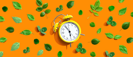 Yellow vintage alarm clock with green leavesの写真素材