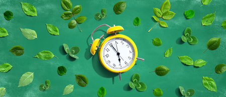 Yellow vintage alarm clock with green leaves