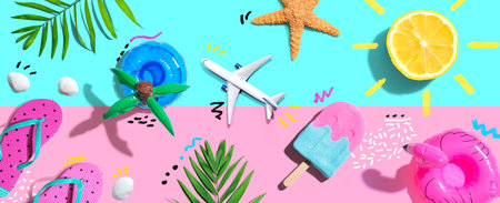 Summer concept with a airplane,  flip flops and lemon sunshineの写真素材