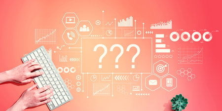 Question marks with person using computer keyboardの写真素材