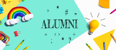 Alumni theme with school supplies - flat layの写真素材