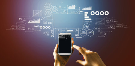 Industry 4.0 theme with hand pressing a buttonの写真素材