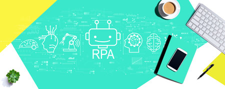 Robotic Process Automation theme with computer keyboard and office itemsの写真素材