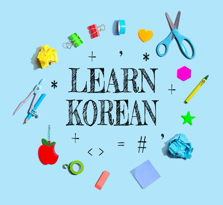 Learn Korean theme with school supplies - flat layの写真素材