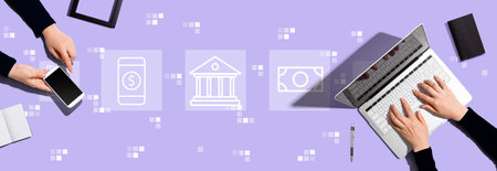 Online banking concept with people working togetherの写真素材