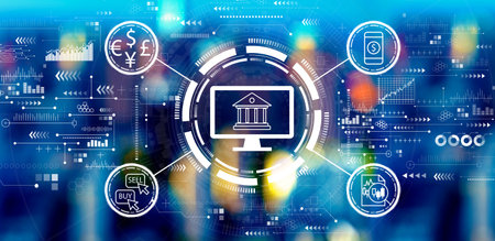Fintech theme with big city lightsの写真素材