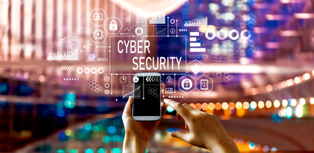 Cyber security theme with big city at nightの写真素材