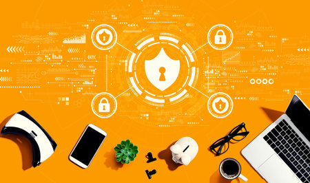 Cyber security theme with electronic gadgets and office suppliesの写真素材
