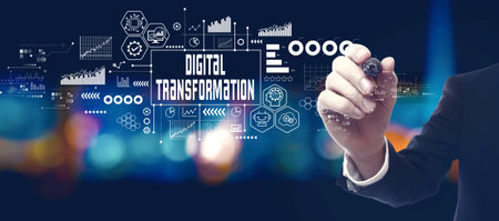 Digital Transformation concept with businessman at nightの写真素材