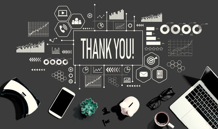 Thank you message with electronic gadgets and office suppliesの写真素材
