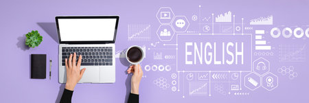 Learning English concept with person using laptop computerの写真素材