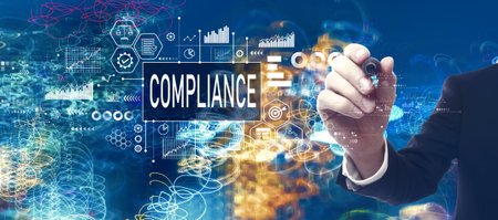 Compliance theme with businessman in a bokeh neon light trails city backgroundの写真素材
