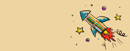 Back to school theme with hand drawn rocket and pencilsの写真素材