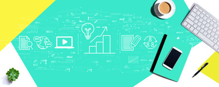 Content marketing concept with computer keyboard and office itemsの写真素材